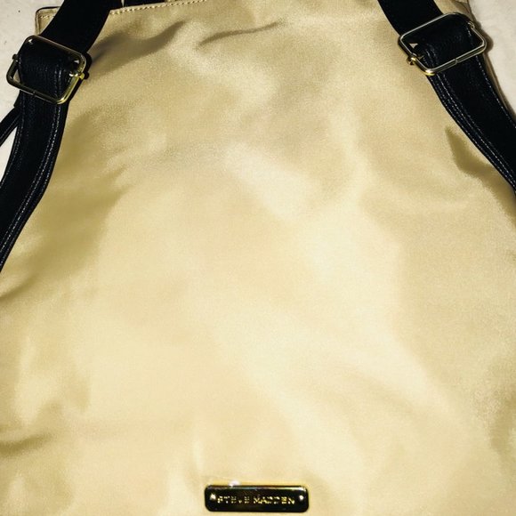 BNWT Steve Madden golden with black leather and tan nylon backpack - Picture 4 of 6